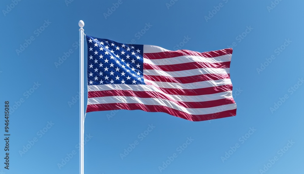Waving American flag against a clear blue sky in a vibrant display of patriotism Waving American flag against a clear blue sky in a vibrant display of patriotism