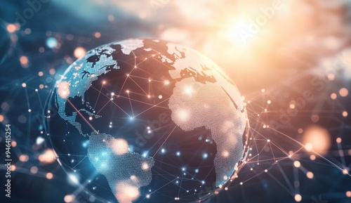 Fototapeta Naklejka Na Ścianę i Meble -  Abstract digital world map with global network connections and a globe in the center on a blue background, a concept of international business or connectivity technology Generative AI