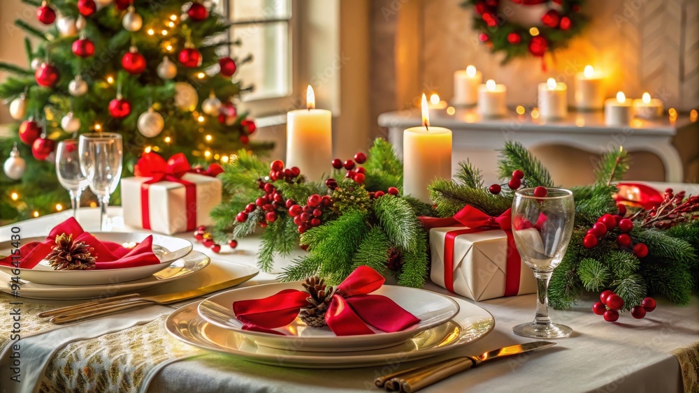 Elegant Christmas Dinner Table Setting with Candles, Gifts, and Festive Decorations Elegant Christmas Dinner Table Setting with Candles, Gifts, and Festive Decorations