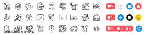 Dirty water, Difficult stress and Qr code line icons pack. Social media icons. Trade infochart, Medical tablet, Mindfulness stress web icon. Magic wand, Currency rate, Dice pictogram. Vector