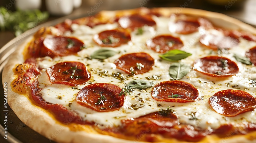 A close-up of a gourmet pepperoni pizza with a crispy crust, melted mozzarella cheese, and generously sliced pepperoni. The pizza is garnished with fresh oregano and a drizzle of olive oil, placed on A close-up of a gourmet pepperoni pizza with a crispy crust, melted mozzarella cheese, and generously sliced pepperoni. The pizza is garnished with fresh oregano and a drizzle of olive oil, placed on