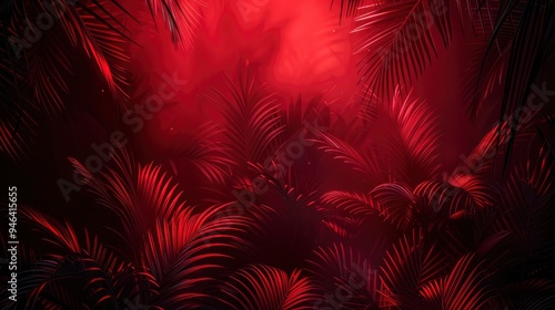 Red Palm Leaves in Foggy Forest