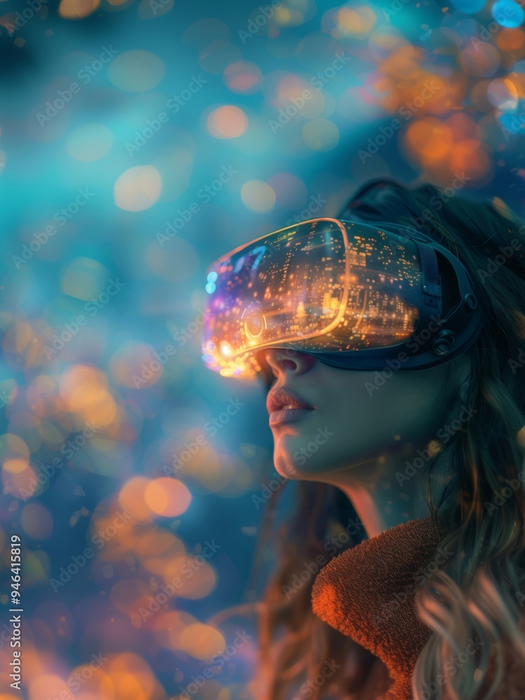 Young woman experiencing virtual reality surrounded by colorful lights Young woman experiencing virtual reality surrounded by colorful lights
