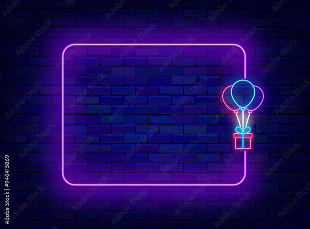 Happy birthday neon greeting card. Holiday celebration. Empty purple frame and gift box. Vector stock illustration Happy birthday neon greeting card. Holiday celebration. Empty purple frame and gift box. Vector stock illustration