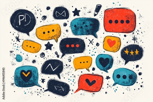 Various speech bubbles with distinct colors and symbols are arranged in a playful pattern, representing conversation, thoughts, and feelings in a dynamic design.