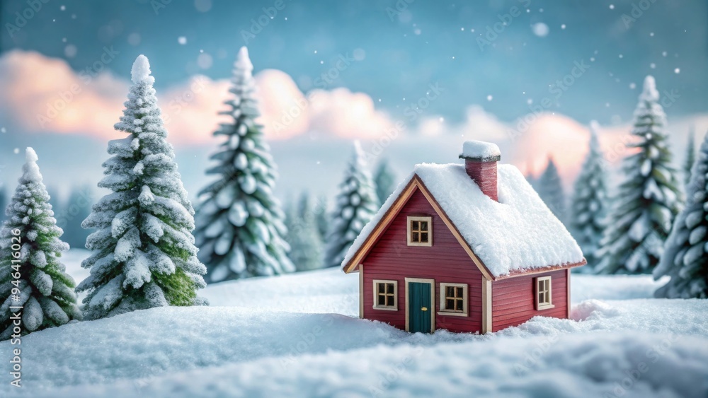 Cozy Red House in Snowy Winter Landscape with Pine Trees and Warm Lights at Dusk Cozy Red House in Snowy Winter Landscape with Pine Trees and Warm Lights at Dusk