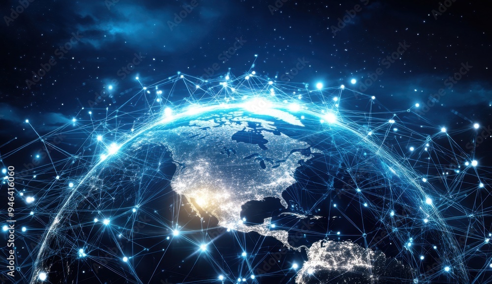 A digital illustration of the Earth surrounded by glowing connections, symbolizing global connectivity and data transfer across continents Generative AI A digital illustration of the Earth surrounded by glowing connections, symbolizing global connectivity and data transfer across continents Generative AI