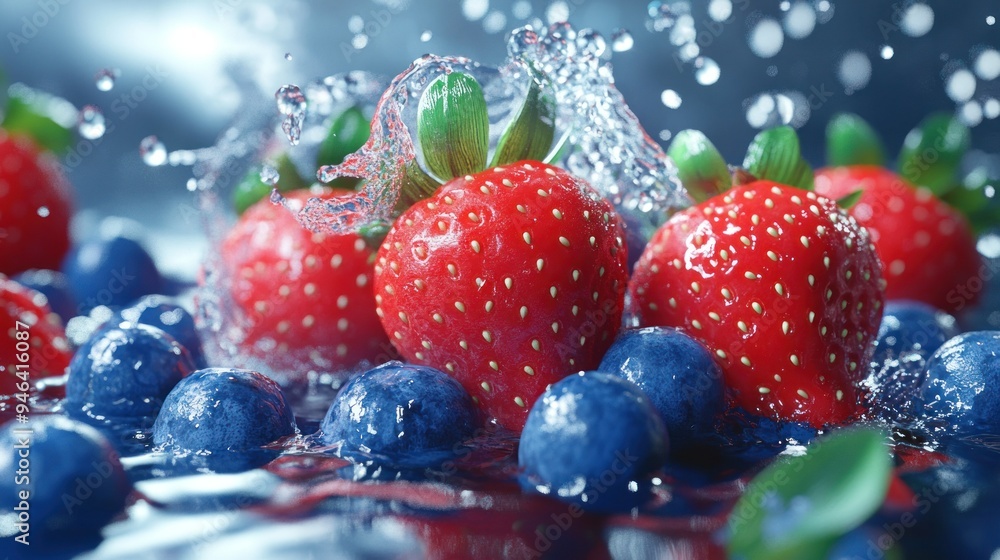 Strawberries and Blueberries Splashing in Water Strawberries and Blueberries Splashing in Water