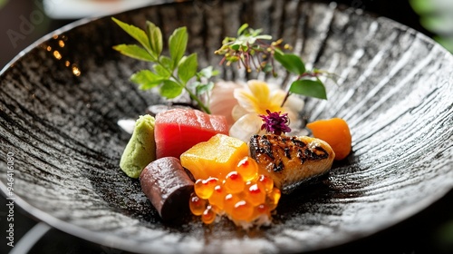 A close-up of a Japanese kaiseki dish, showcasing a delicate arrangement of seasonal ingredients, including sashimi, grilled fish, and vegetables, on elegant porcelain ware.