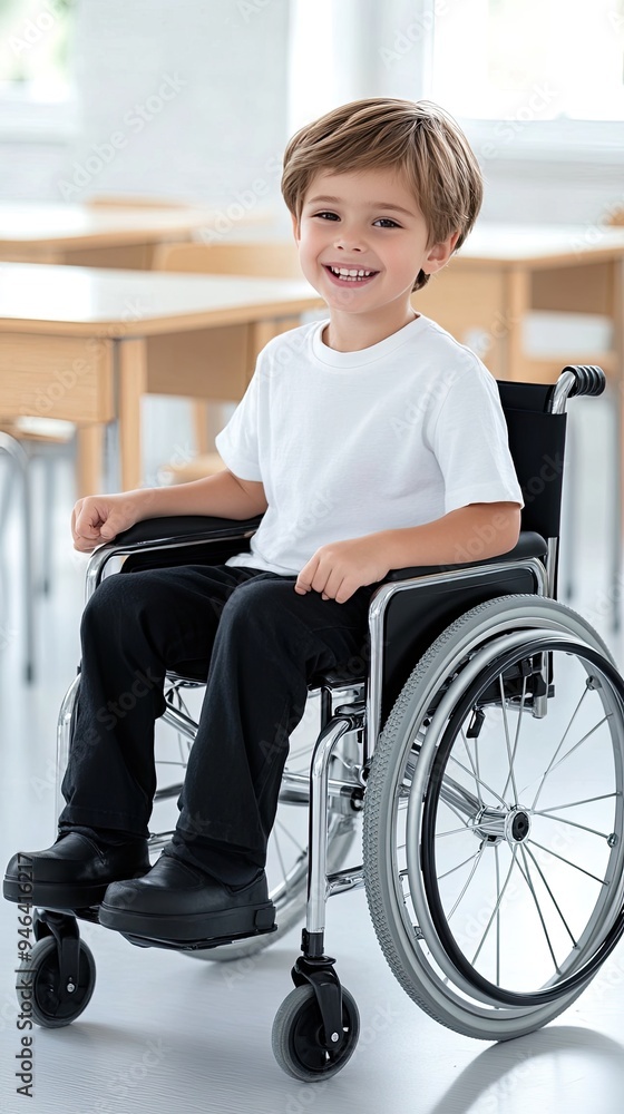 A cheerful young boy is seated in a wheelchair, smiling confidently at the camera in a bright classroom filled with desks and educational materials A cheerful young boy is seated in a wheelchair, smiling confidently at the camera in a bright classroom filled with desks and educational materials