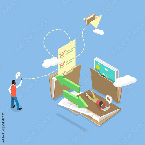 3D Isometric Flat Vector Illustration of File Transfer, Migration or Transfer of Documents