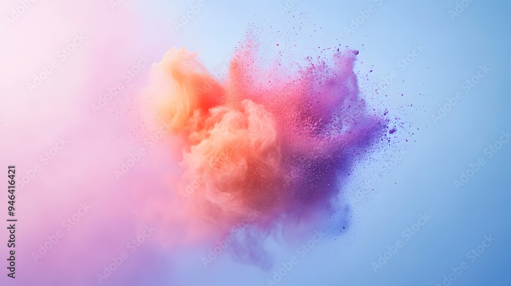 Colorful powder explosion on a pastel background, a Holi festival concept. High-speed shutter, action shot, isolated on a blue studio backdrop Colorful powder explosion on a pastel background, a Holi festival concept. High-speed shutter, action shot, isolated on a blue studio backdrop