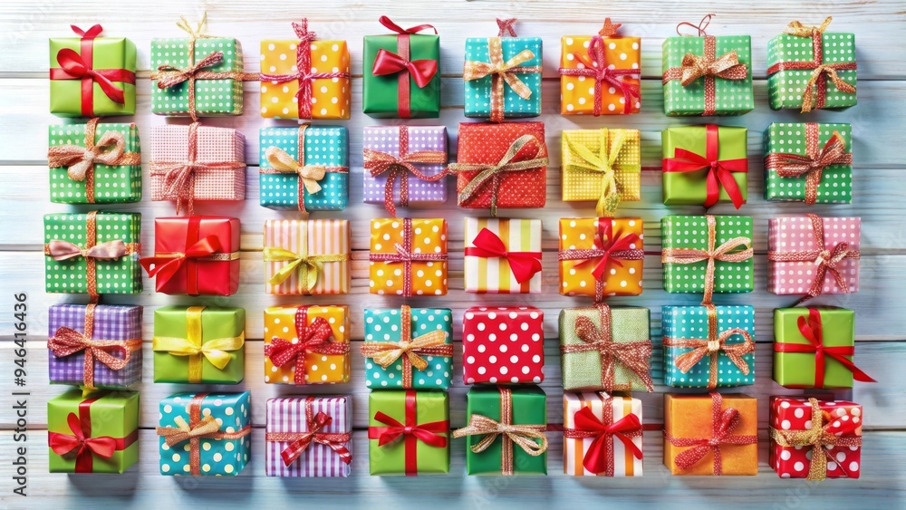 Fototapeta premium Colorful Christmas Gift Boxes with Patterned Wrapping Paper and Ribbons on Wooden Background