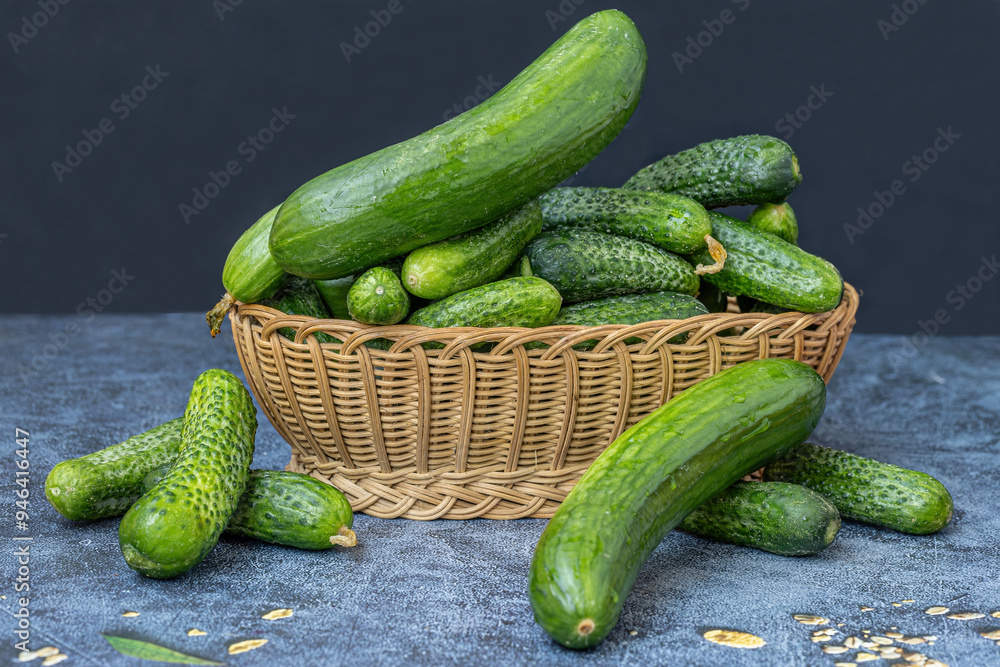 Fresh cucumbers in a basket.