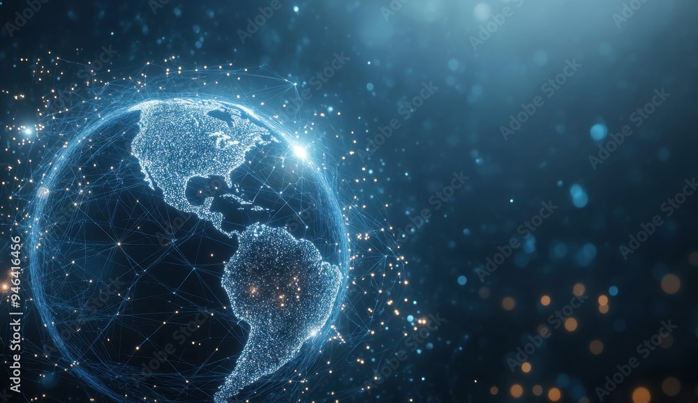 Obraz premium Digital technology concept, global network, and connectivity symbolized by the Earth planet with glowing connection lines in the space on a blue background Generative AI