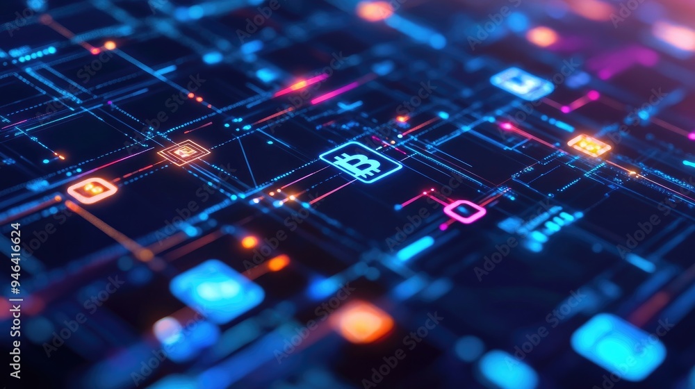 Blockchain technology concept with interconnected blocks and digital currency symbols over a computer screen Blockchain technology concept with interconnected blocks and digital currency symbols over a computer screen