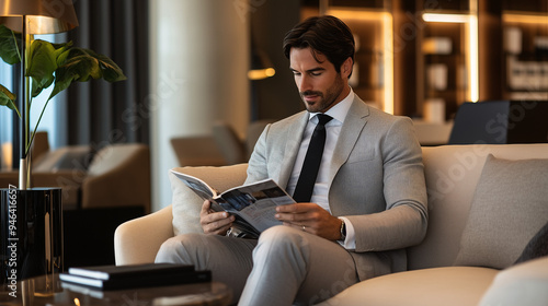A man in a sharp, light gray suit with a contrasting black tie, seated in a sophisticated office lounge area, reading a business magazine, with stylish furniture and soft lighting