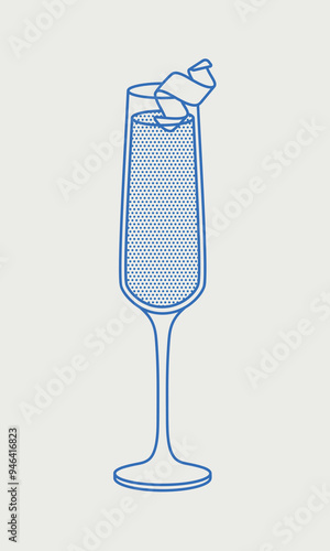 French 75 cocktail with lime wedge. Line art, retro. Vector illustration for bars, cafes, and restaurants.