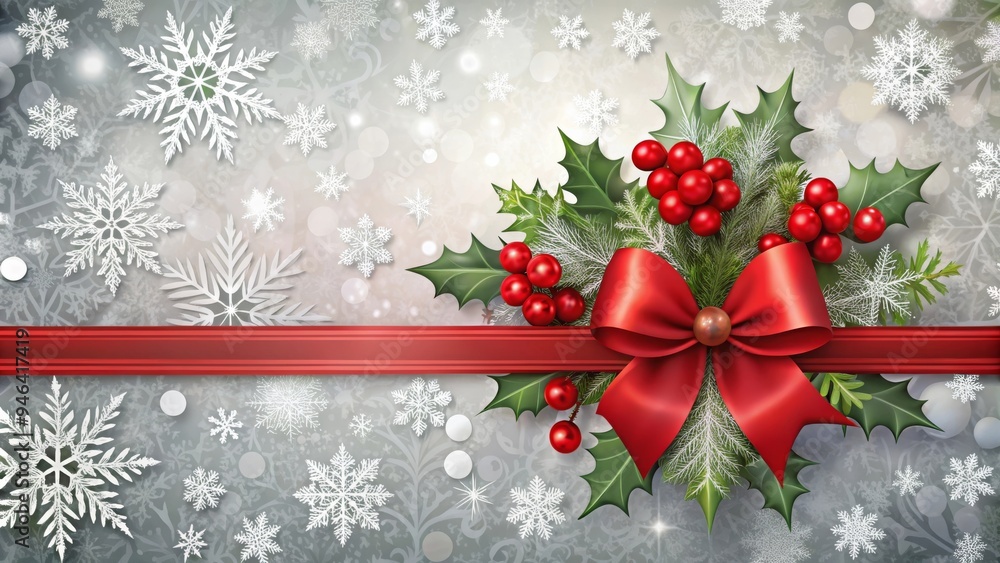 Red Bow with Holly Berries and Snowflakes for Christmas Cards and Seasonal Holiday Decorations Red Bow with Holly Berries and Snowflakes for Christmas Cards and Seasonal Holiday Decorations