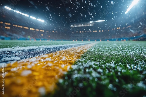 rainsoaked football clash dynamic tackle splash stadium lights piercing stormy darkness photo