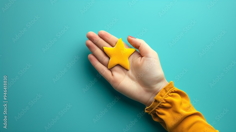 Fototapeta premium Hand Holding Yellow Star on Aqua Background