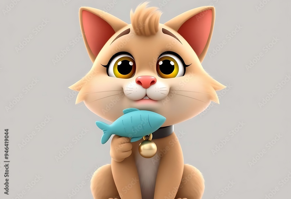 Fototapeta premium Mischievous 3D Cartoon Cat with a Fish Toy