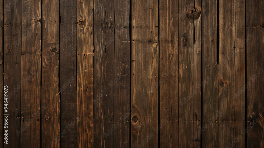 Naklejka premium Fond de planche de bois marron foncé, papier peint. Vieux fond en bois texturé foncé grunge, la surface de la vieille texture de bois brun, vue de dessus lambris en bois de pin brun.