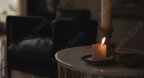 Cozy living room setup with a lit candle on a side table creating a warm and inviting atmosphere for relaxation