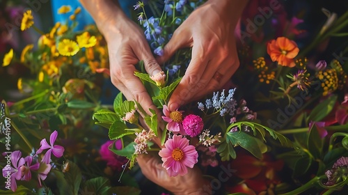 High-definition shot of hands arranging a mix of colorful wildflowers into a lush bouquet, highlighting the textures and colors of petals and leaves, perfect for botanical enthusiasts