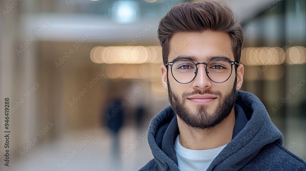 A cheerful young Indian man stands in a contemporary office space, wearing a hoodie and glasses, showcasing a relaxed and confident demeanor while smiling warmly A cheerful young Indian man stands in a contemporary office space, wearing a hoodie and glasses, showcasing a relaxed and confident demeanor while smiling warmly