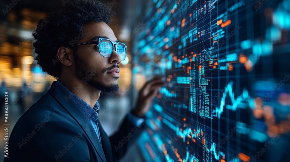 A trader interacts with a vibrant holographic currency display, analyzing real-time data and market trends in a futuristic financial environment. A trader interacts with a vibrant holographic currency display, analyzing real-time data and market trends in a futuristic financial environment.
