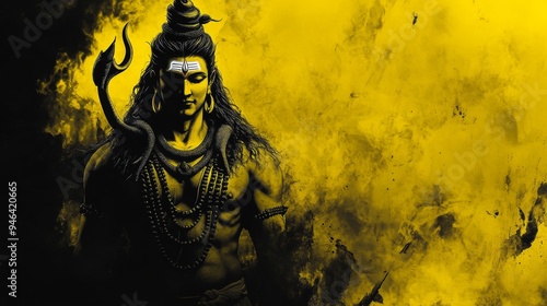 An image of Lord Shiva in a combination of yellow and black colors with a place to copy the text.