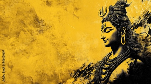 An image of Lord Shiva in a combination of yellow and black colors with a place to copy the text.