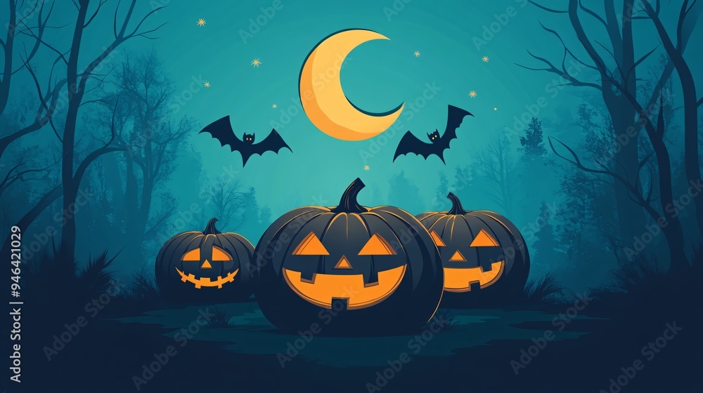 Fototapeta premium Three glowing pumpkins under a moonlit sky, with bats flying in a spooky forest setting.