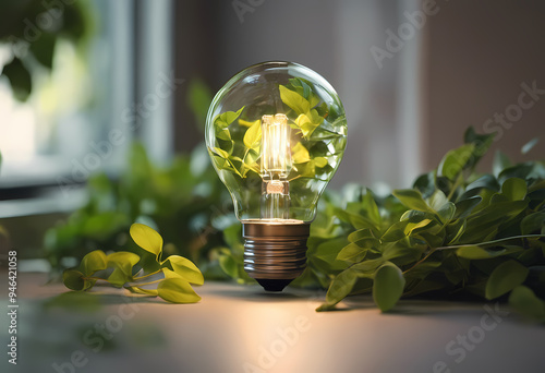 light bulb with fresh green leaves photo