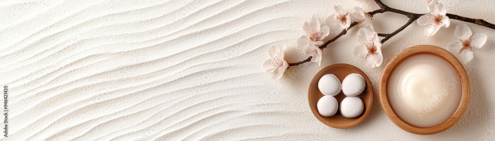 A relaxing spa scene with a woman, wooden elements, and the gentle scent of flowers in the air A relaxing spa scene with a woman, wooden elements, and the gentle scent of flowers in the air