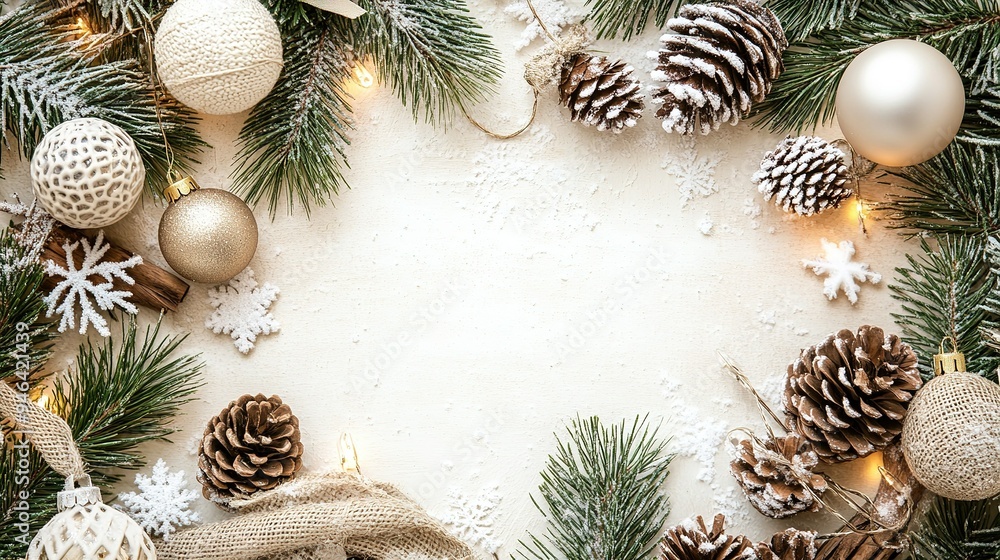 Festive winter decoration featuring pinecones, ornaments, and greenery arranged around a snowy background for holiday celebrations Festive winter decoration featuring pinecones, ornaments, and greenery arranged around a snowy background for holiday celebrations