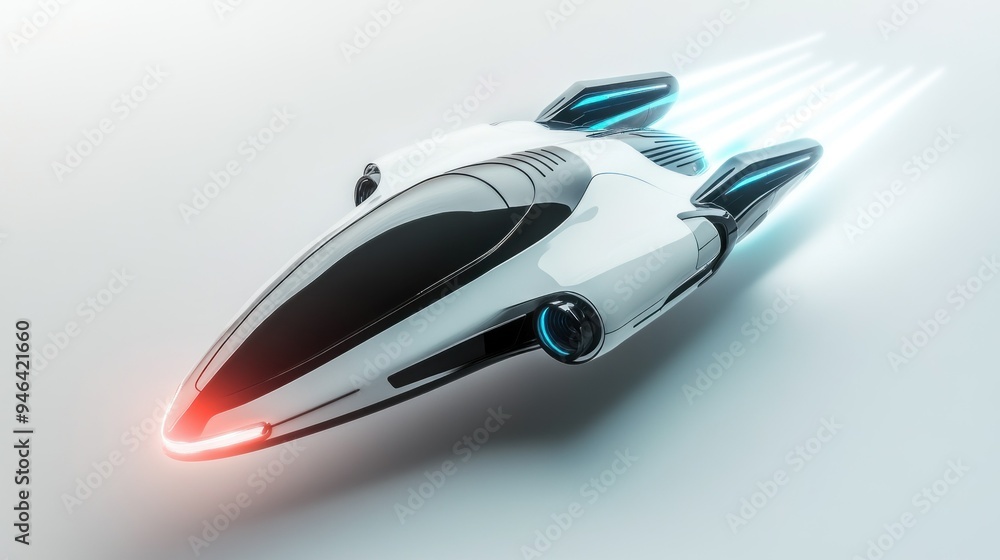 Futuristic White Spaceship in Flight with Blue and Red Lights Futuristic White Spaceship in Flight with Blue and Red Lights