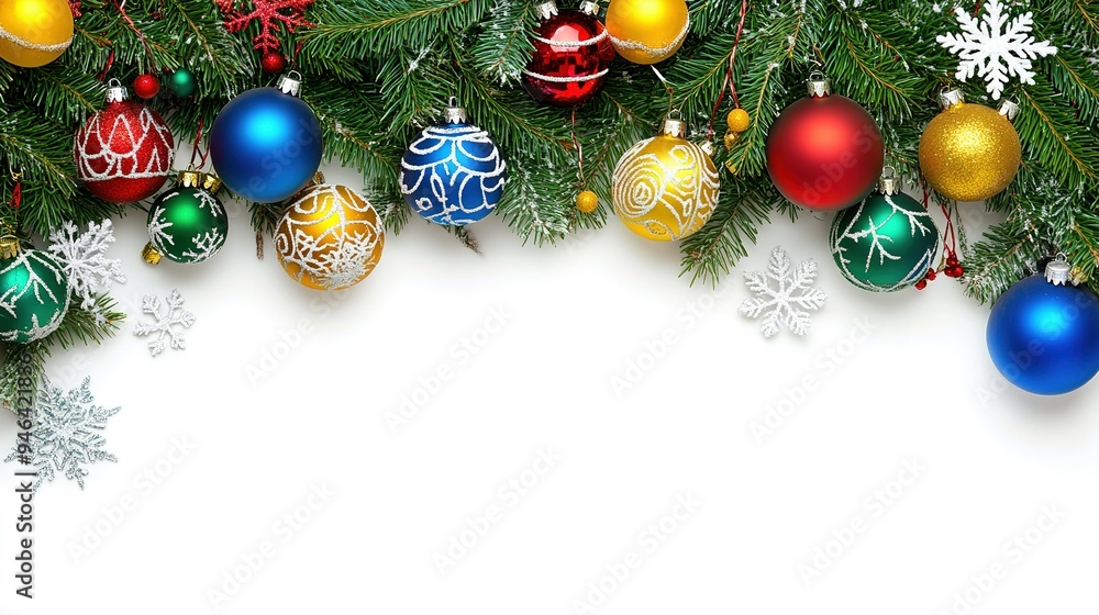 Naklejka premium Colorful Christmas ornaments and festive greenery create a cheerful holiday atmosphere in a winter setting