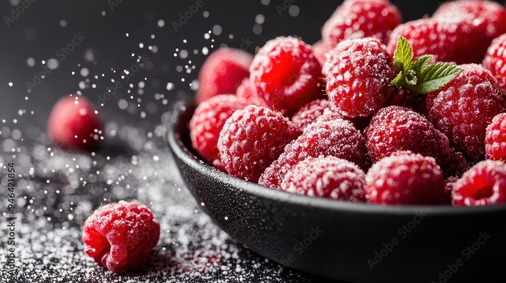 A bowl of fresh, juicy raspberries sprinkled with powdered sugar, with sugar being poured in the background, creating a dynamic and appetizing presentation of the fruit. A bowl of fresh, juicy raspberries sprinkled with powdered sugar, with sugar being poured in the background, creating a dynamic and appetizing presentation of the fruit.