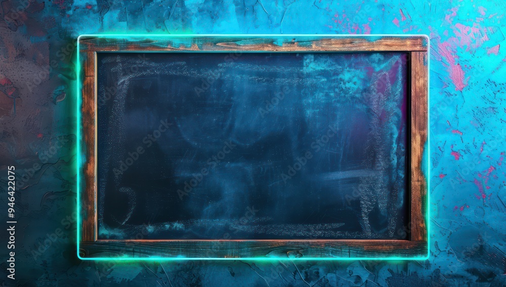 Empty chalkboard with a wooden border set against a neon blue background, providing a bright and engaging visual for school projects Empty chalkboard with a wooden border set against a neon blue background, providing a bright and engaging visual for school projects