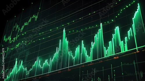 A digital stock market graph with glowing dots and lines forming an analysis is displayed on a green background