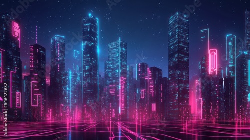 Neon-Lit Skyscrapers Reflecting in a Digital Cityscape