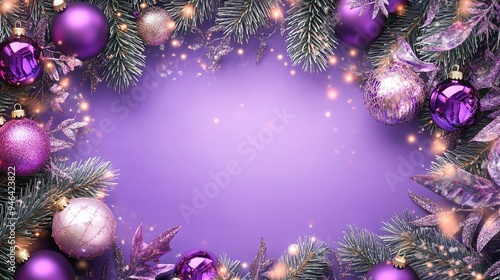 Festively decorated purple Christmas background with ornaments and pine branches for holiday celebrations and events