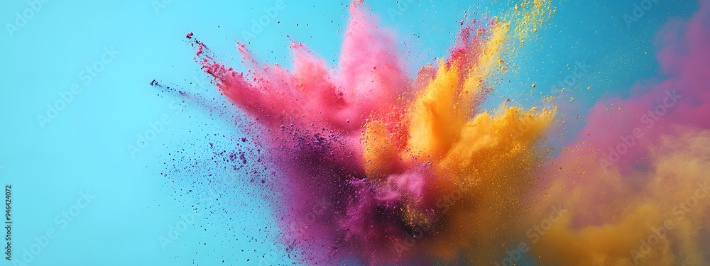Colorful powder explosion on a pastel background, a Holi festival concept. High-speed shutter, action shot, isolated on a blue studio backdrop Colorful powder explosion on a pastel background, a Holi festival concept. High-speed shutter, action shot, isolated on a blue studio backdrop