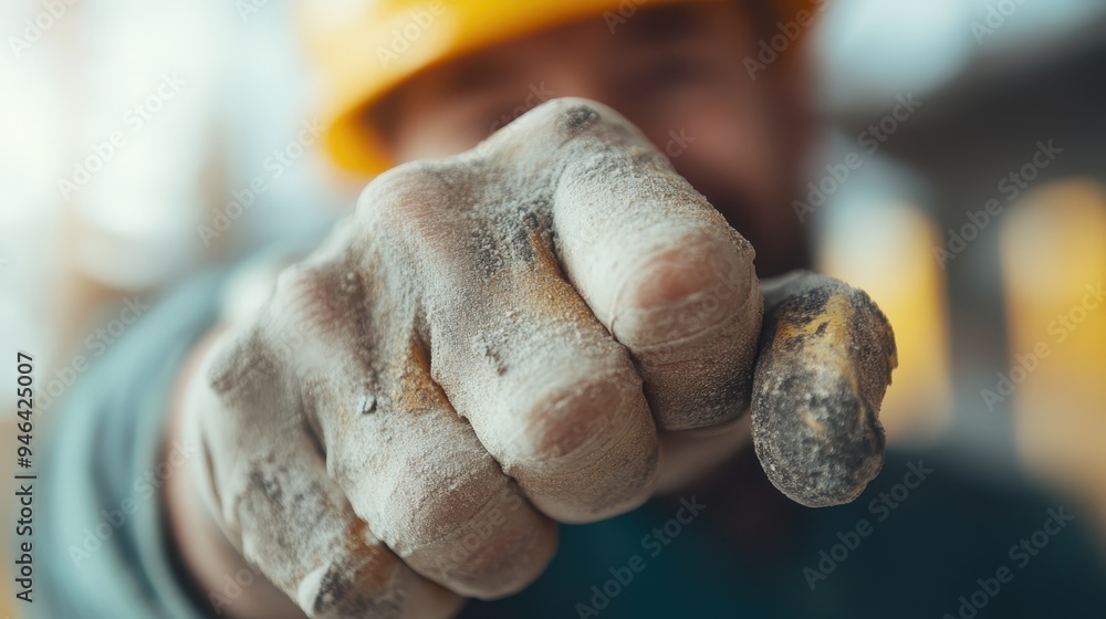This image shows a construction worker with a yellow helmet pointing a dirt-covered finger towards the camera, emphasizing the rugged nature of their work in an outdoor setting. This image shows a construction worker with a yellow helmet pointing a dirt-covered finger towards the camera, emphasizing the rugged nature of their work in an outdoor setting.