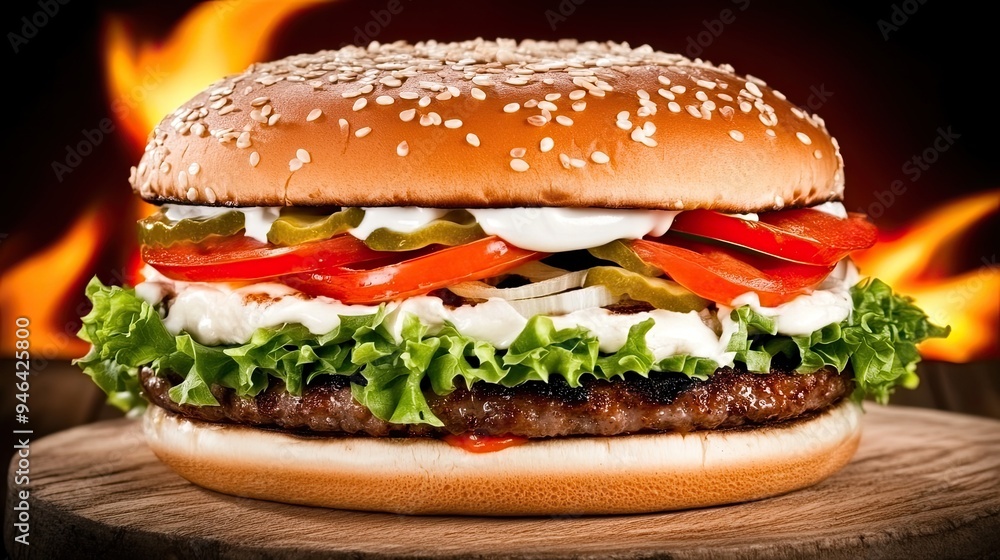 A mouthwatering hamburger featuring cheese, fresh tomato, and crisp lettuce is beautifully presented on a wooden surface, surrounded by a fiery backdrop, perfect for marketing use A mouthwatering hamburger featuring cheese, fresh tomato, and crisp lettuce is beautifully presented on a wooden surface, surrounded by a fiery backdrop, perfect for marketing use