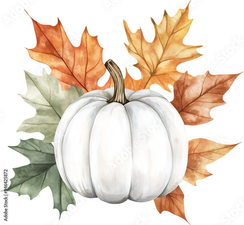 Watercolor white pumpkin with autumn leaves. Generative AI.
