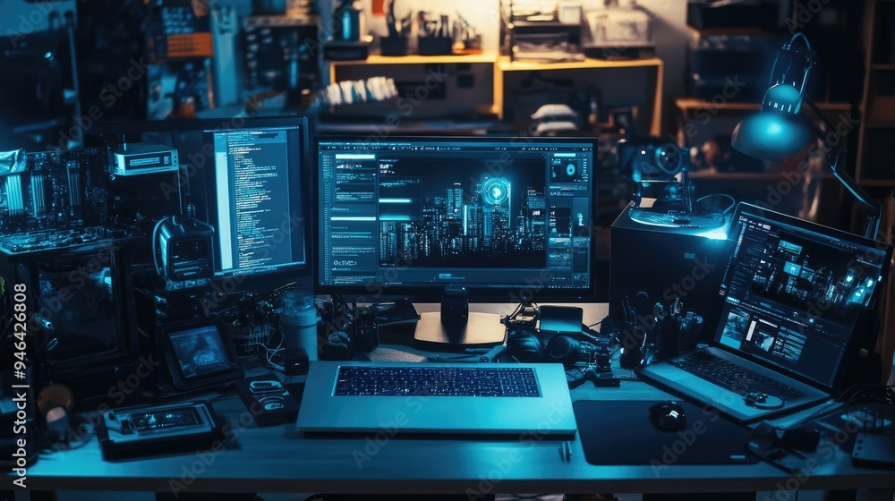 Fototapeta premium High-tech workspace with a laptop, monitor, and various gadgets, showcasing modern digital tools and organization