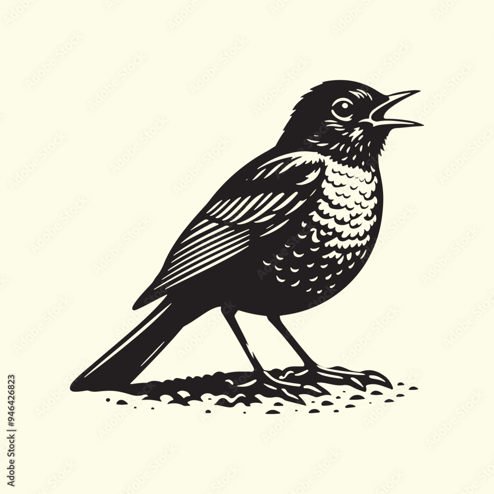 Fototapeta premium Black Silhouette of an American Robin Bird - Vector Illustration with Transparent Background